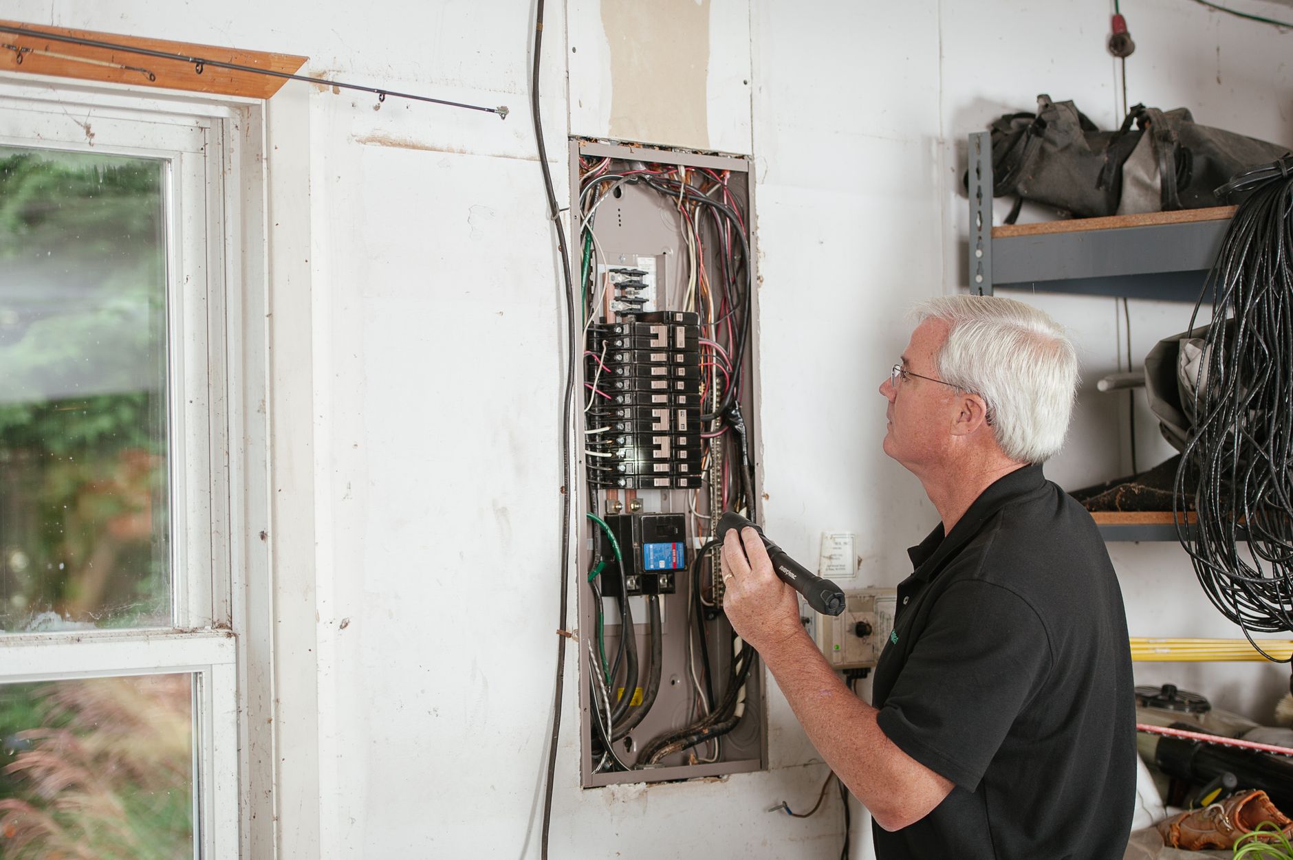 An electrician inspects a residential electrical panel.